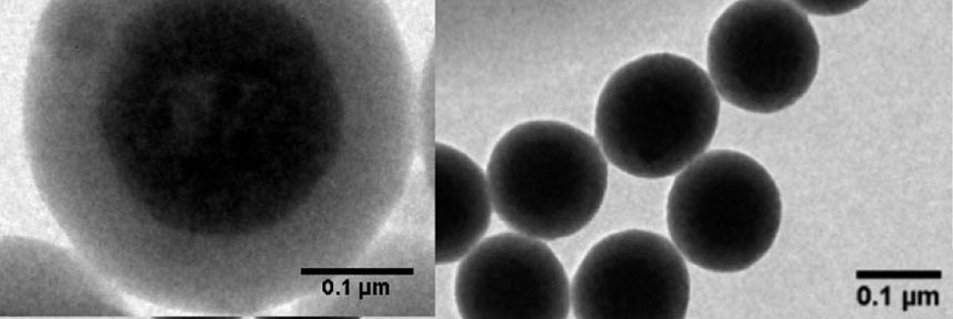 Transmission electron microscopy image of QD nanoclusters encapsulated in a silica shell and a silane-zwitterionic copolymer for ultrasensitive biodetection. (Dembele et al, ACS Appl Mater Inter, 2017)